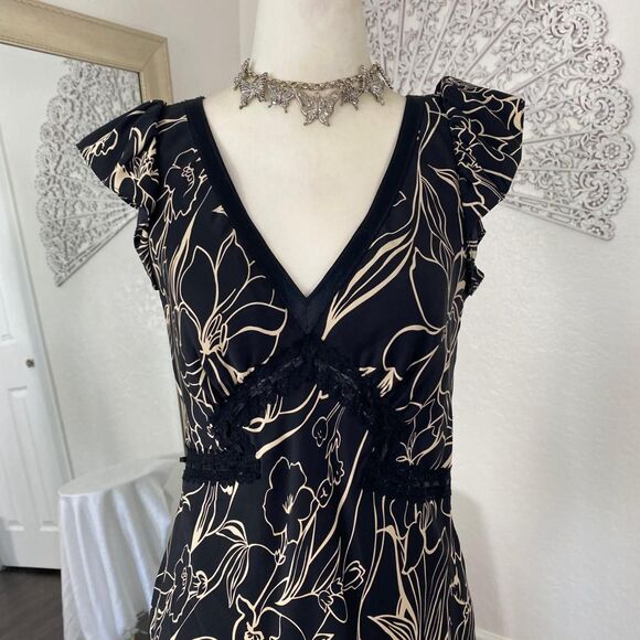 INC Romantic Goth Black Cream Floral Silk Midi Maxi Lace Trimmed Slip Dress 2 XS - Picture 2 of 8